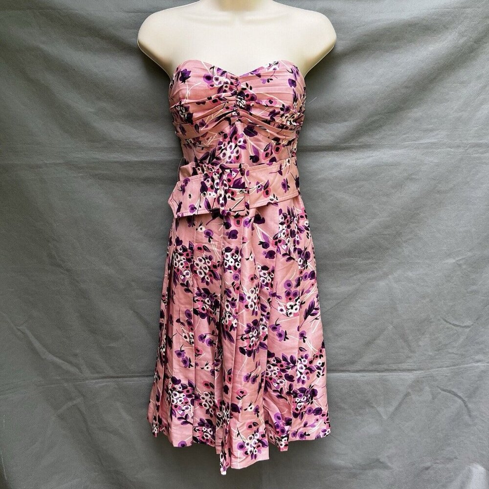 EXPRESS Size 4 Pink Purple 100% Silk Strapless Fit Flare Mini Dress Y2k 2000s